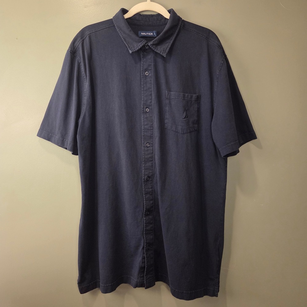 Nautica Men's 100% Cotton Short Sleeve Button Up Shirt Navy Blue Size XXL